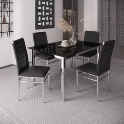 Conjunto Sala de Jantar Mesa Dubai Tampo Vidro com 4 Cadeiras Tokio Cromado/Preto Cromado/Preto
