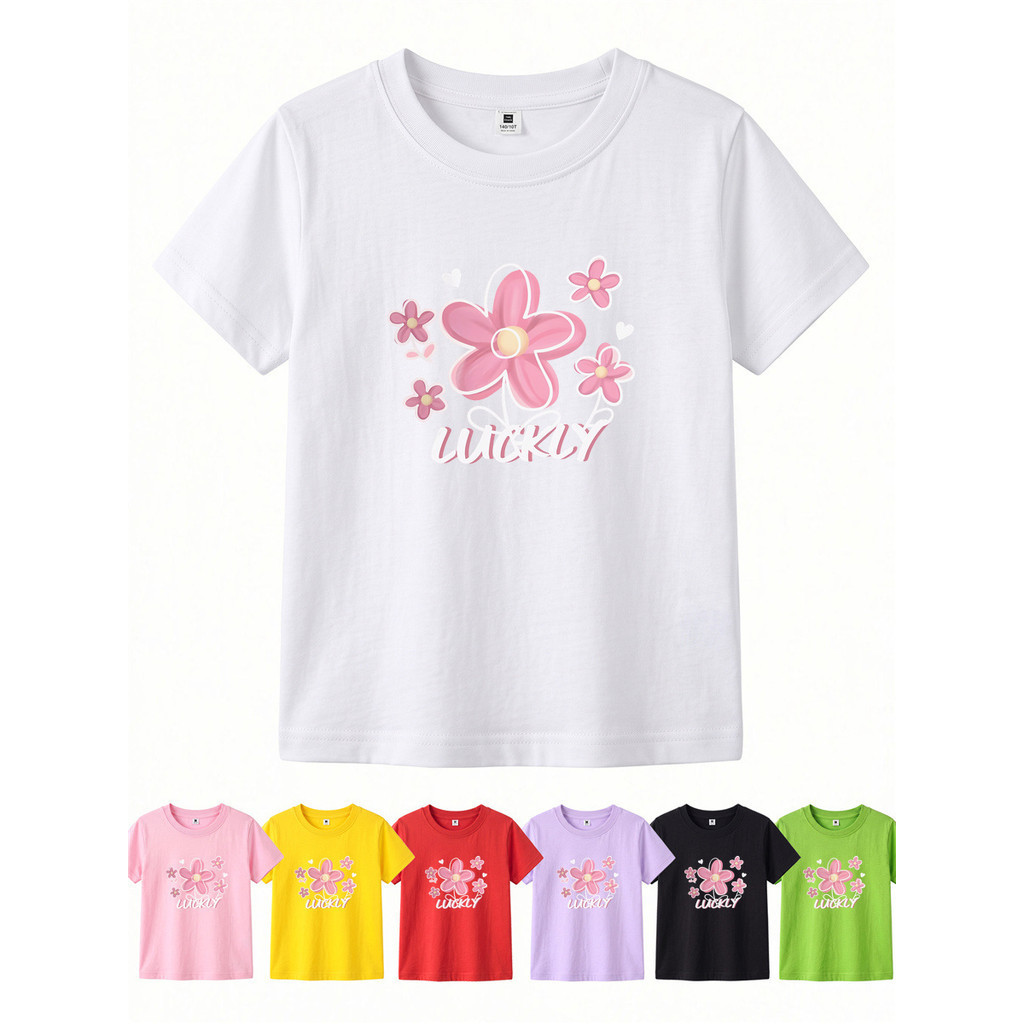 Meninas 100 % Algodão Manga Curta Camiseta Bonito Flor Coração Sorte Texto Impressão Crianças Casual Topo
