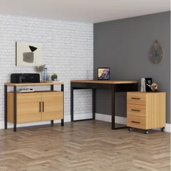 Conjunto 3 Peças com Escrivaninha, Gaveteiro e Balcão Estilo Industrial Marrom 100% MDF