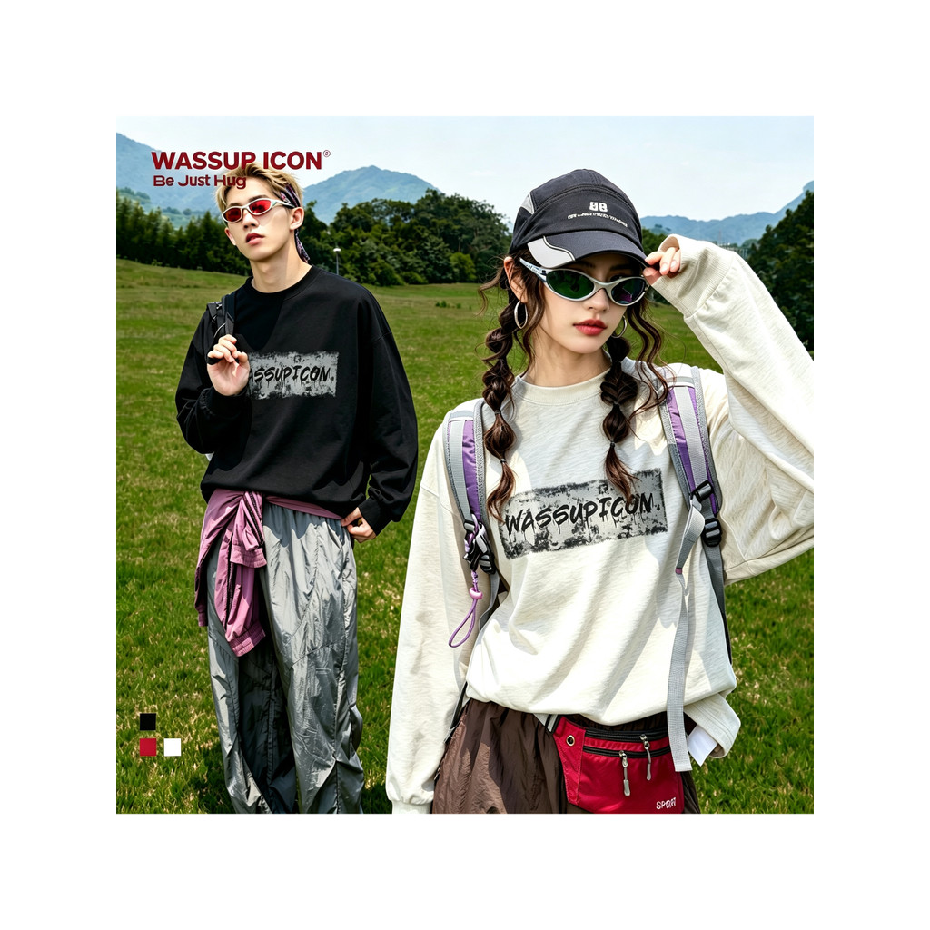 WASSUP Primavera Outono Novo Estilo Americano Estilo Retro Carta Impressão Camiseta de Manga Comprida Homens Mulheres So