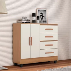 Cômoda para Quarto 4 Gavetas 02 Portas com Pés Lite Marrom/Nature/Off White Nature/Off White