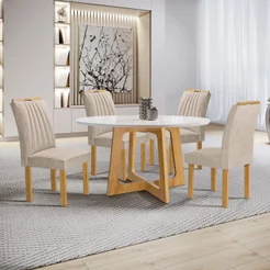 Conjunto Mesa Arizona 120cm com 4 Cadeiras Arizona Tampo Redondo Plus com Vidro Cinamomo/Off White/Boucle Bege