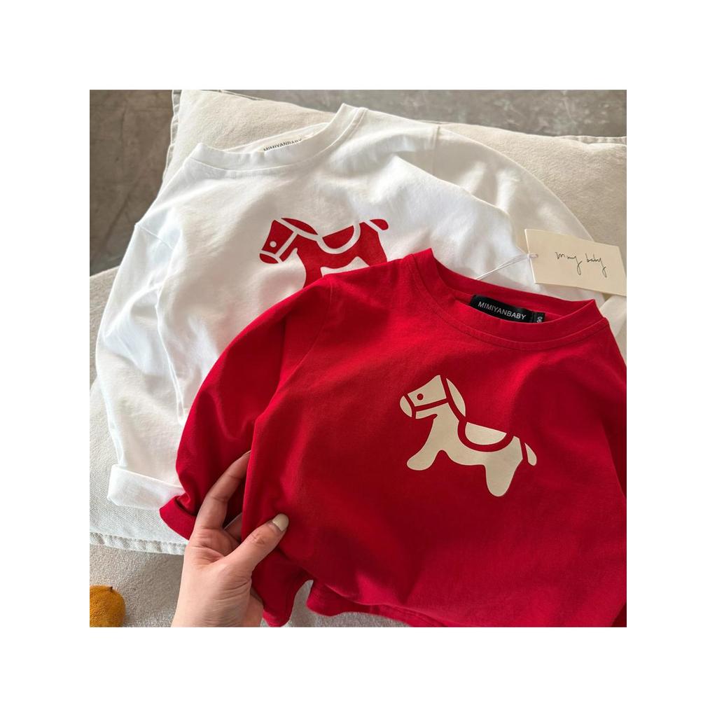 Camiseta infantil 2026 primavera meninos pônei impressão de manga comprida camisa de fundo bebê crianças Casual algodão 
