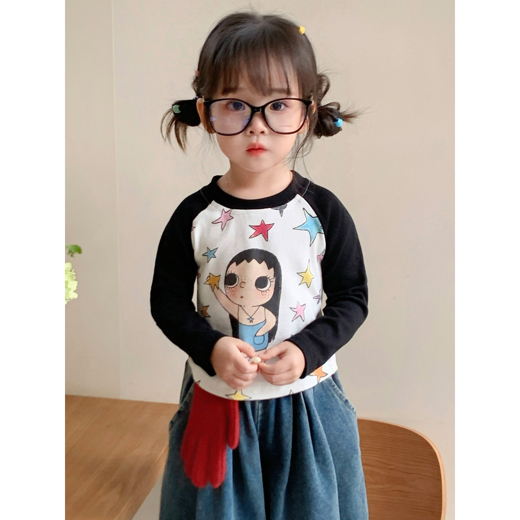 Meninas preto dos desenhos animados Xiaoyu estrela impresso camisa de manga comprida All-Match estilo ocidental outono b