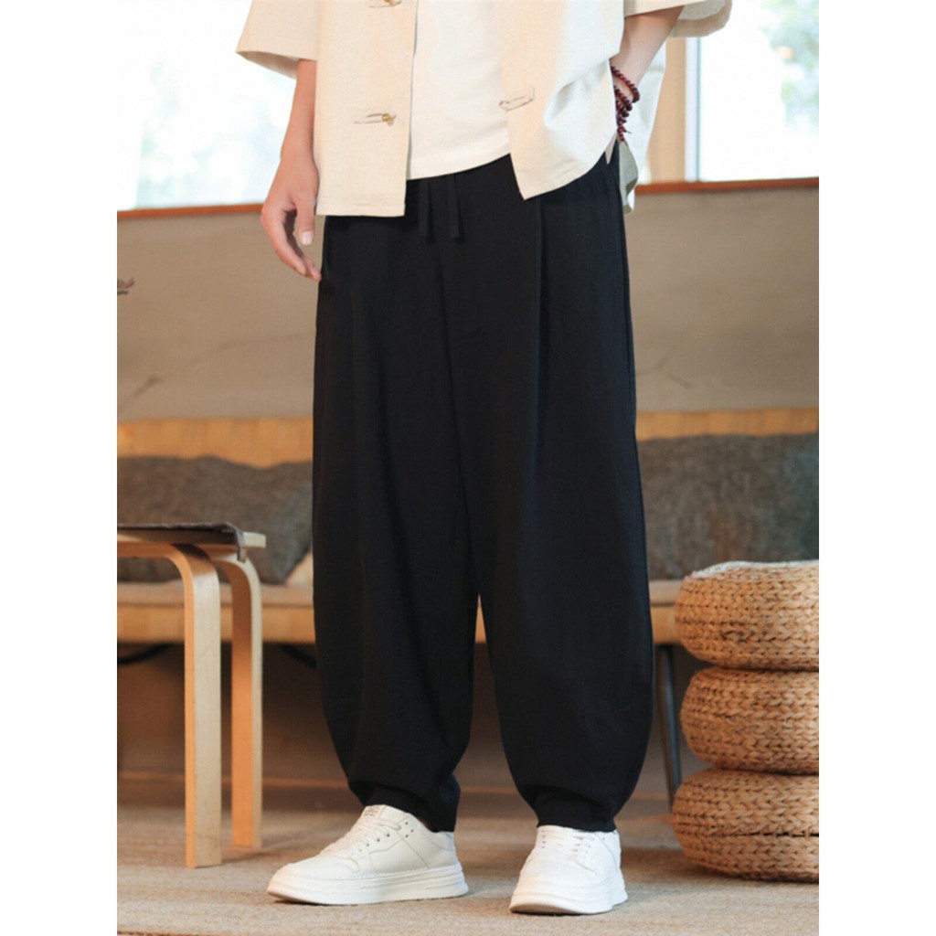 Calças de perna larga masculinas verão solto Harem calças novo estilo chinês algodão linho calças Bloomers fino
