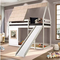 Cama Alta Cabana Noopy com Escorregador Casatema MadeiraOriginals Branco/Cera Bege Sim