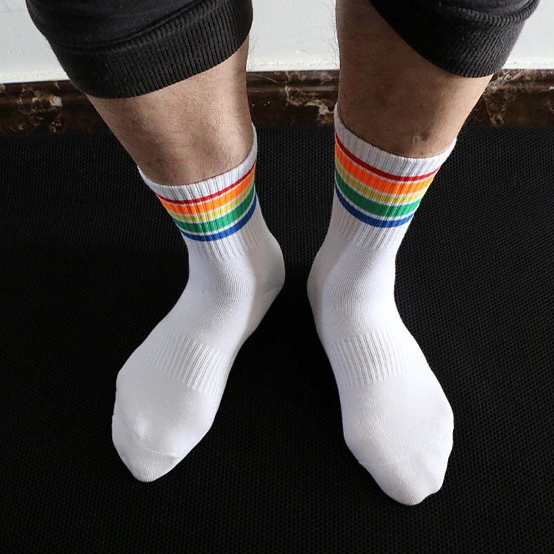 Homens homens arco-íris meias verão fino meias masculinas Mid-Tube meias de algodão esportes moda masculina meias branca