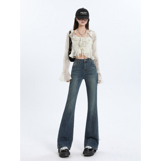 Vfvk Retro nostálgico azul cintura alta Micro-Flap Jeans feminino outono 2026 novo estilo pequeno estiramento calças lar