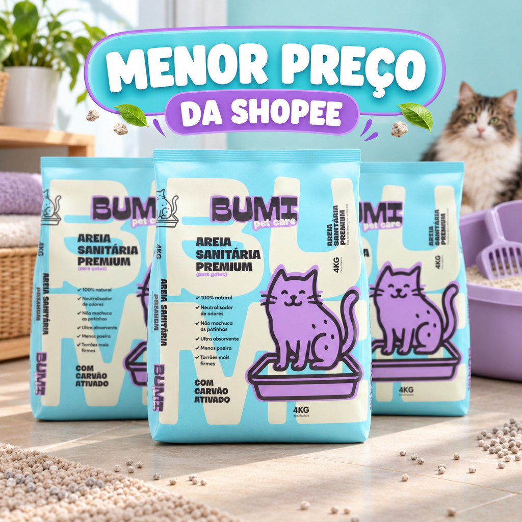 Kit Areia Sanitária Bumi Pet Care Natural Fina com Carvão Ativado 12 kg