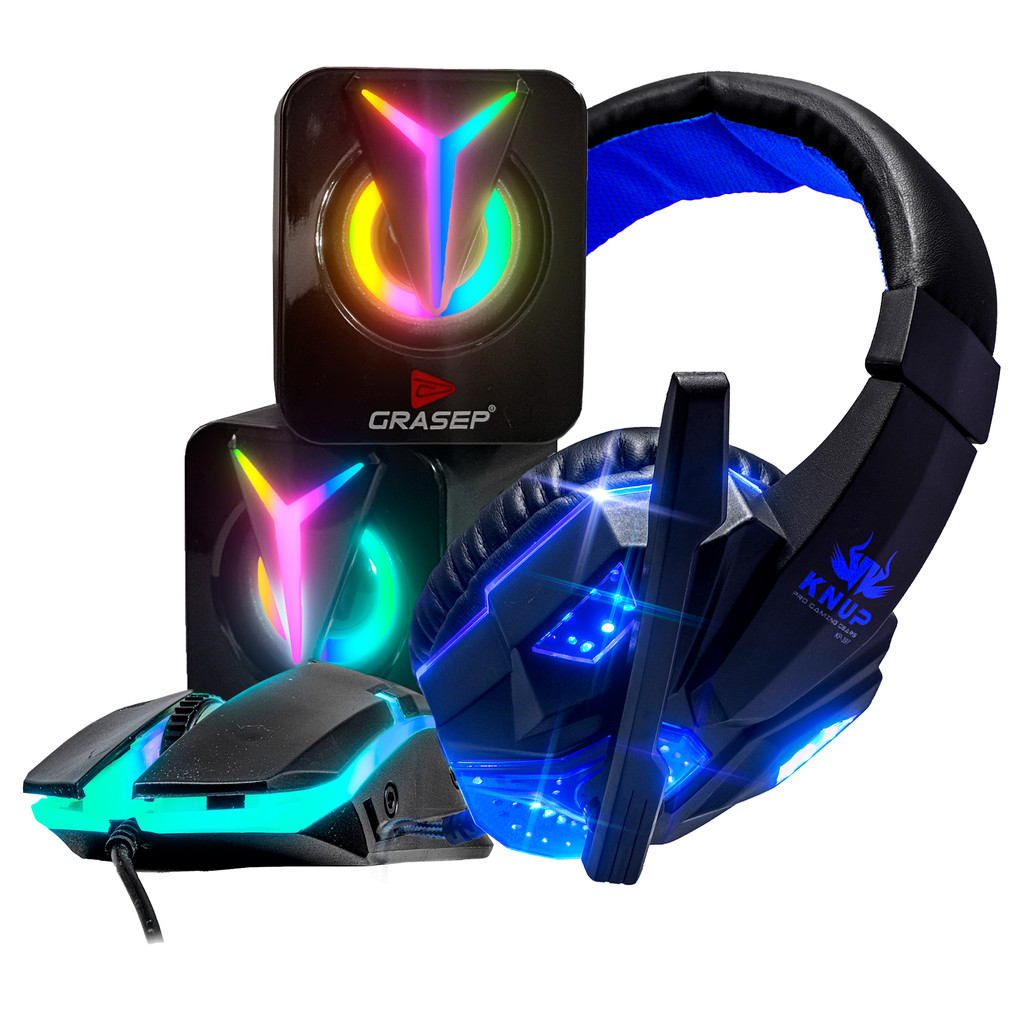 Kit Gamer Completo Mouse Led RGB Pro + Fone De ouvido Gamer Com Microfone + Caixa De Som Gamer Com Iluminação RGB Chroma
