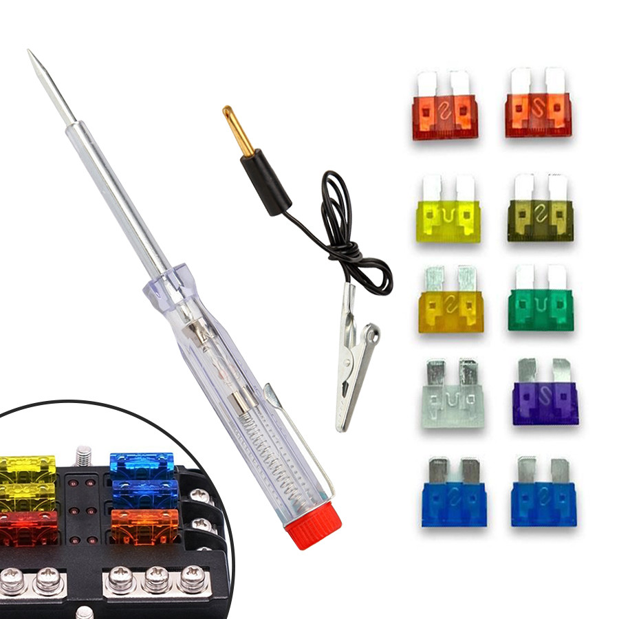 KIT ELÉTRICO COM CHAVE DE TESTE  GARRA JACARÉ E JOGO DE FUSÍVEIS AUTOMOTIVO CARRO MOTO TESTADOR DE TENSÃO UNIVERSAL
