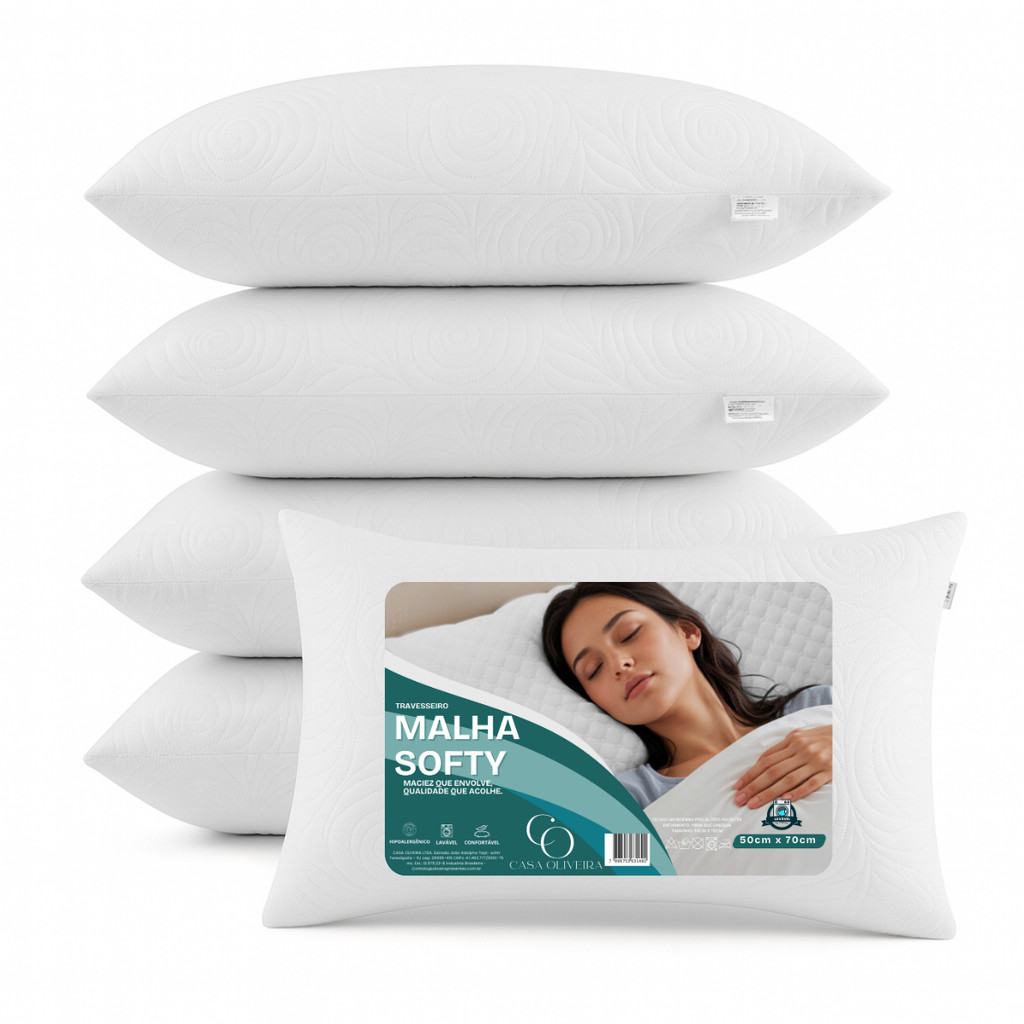 Kit 4 Travesseiro Antialérgico Padrão Hotel 5 Estrelas Malha Softy Luxo 70x50cm Fibra Siliconada