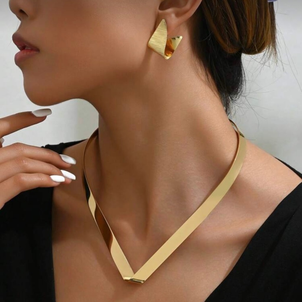 Conjunto de Colar Choker e brincos geométricos de estilo feminino e deslumbrante, com 3 peças