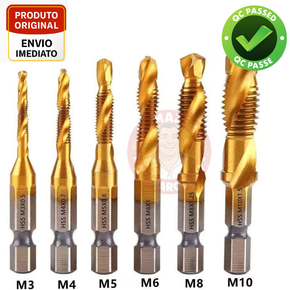Jogo Macho e Tarraxa HSS Titânio 6 Peças M3 a M10 Furadeira Rosca Métrica Profissional Aço Rápido