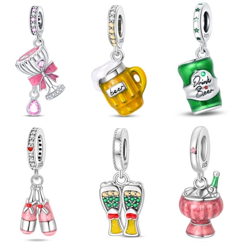 Clássico básico DIY pulseira frisado pingente de prata senhoras moda S925 prata pulseira cerveja vinho tinto pingente