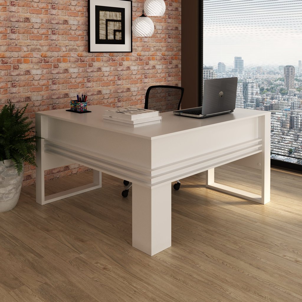 Escrivaninha Mesa Escritório 136cm em L com Detalhe Ripado ME4145 Branco em Oferta na Shopee