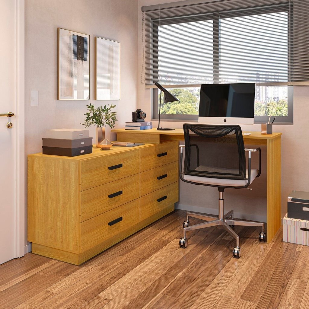 Escrivaninha Mesa Escritório em L com 6 Gavetas Cômoda 138cm Leonie Yescasa Freijó em Oferta na Shopee