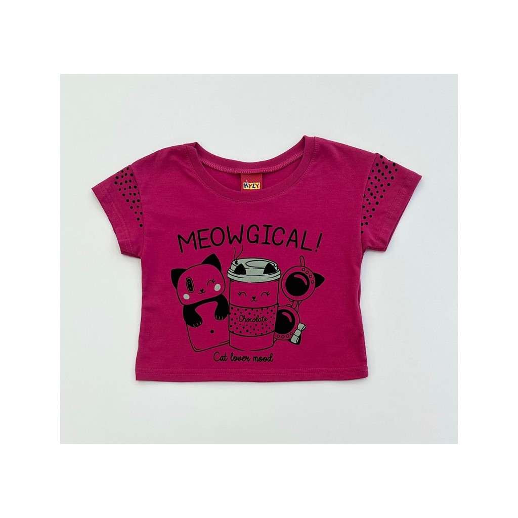 Cropped Infantil Menina Kyly Rosa Estampado Gatinhos Meowgical Manga Curta Fashion