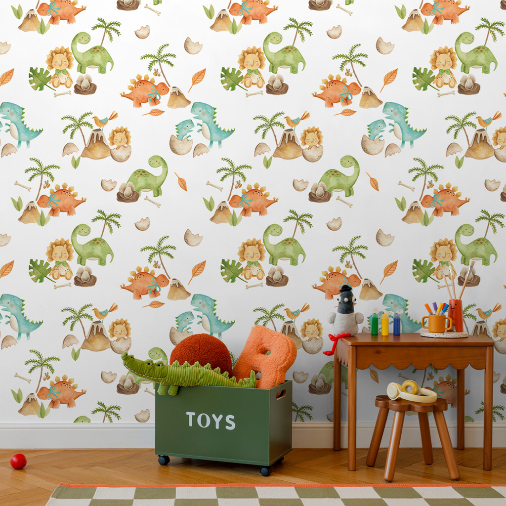 Papel de Parede Infantil Dinossauro Aquarela | Quarto de Bebê Menino Auto Adesivo Decorativo Tema Dino