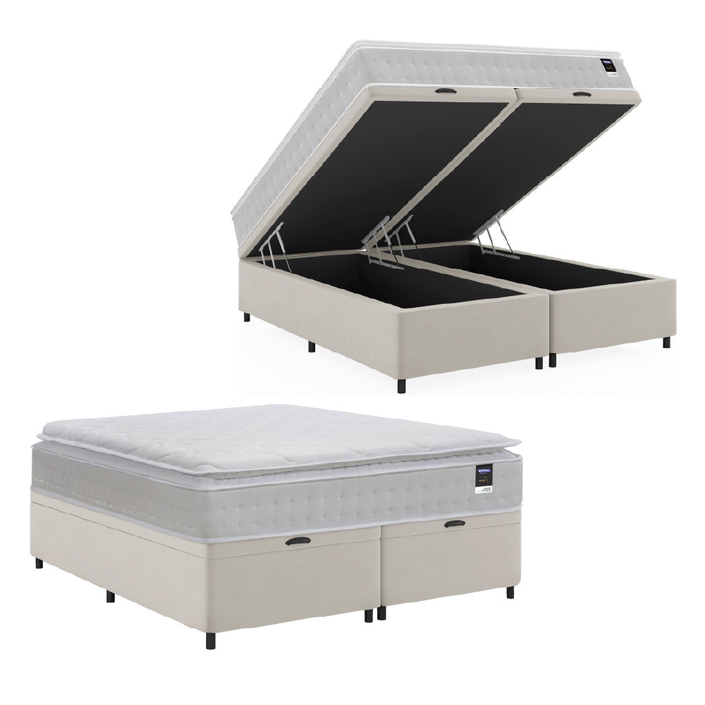 Cama Box Baú Casal King Colchão Gazin Com Molas Ensacadas Tower New 193x203x76cm Branco em Oferta na Shopee