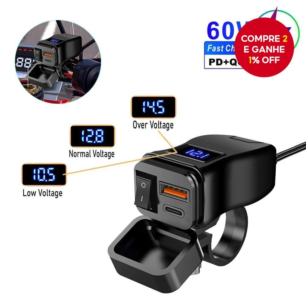 Adaptador à prova d'água com carregador rápido USB duplo QC3.0 para guidão de motocicleta, 60W, com voltímetro LED