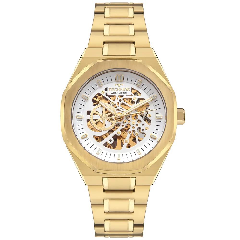 Relógio Technos Masculino Ref: G3265bb/1k Automático Esqueleto Dourado Hexagonal
