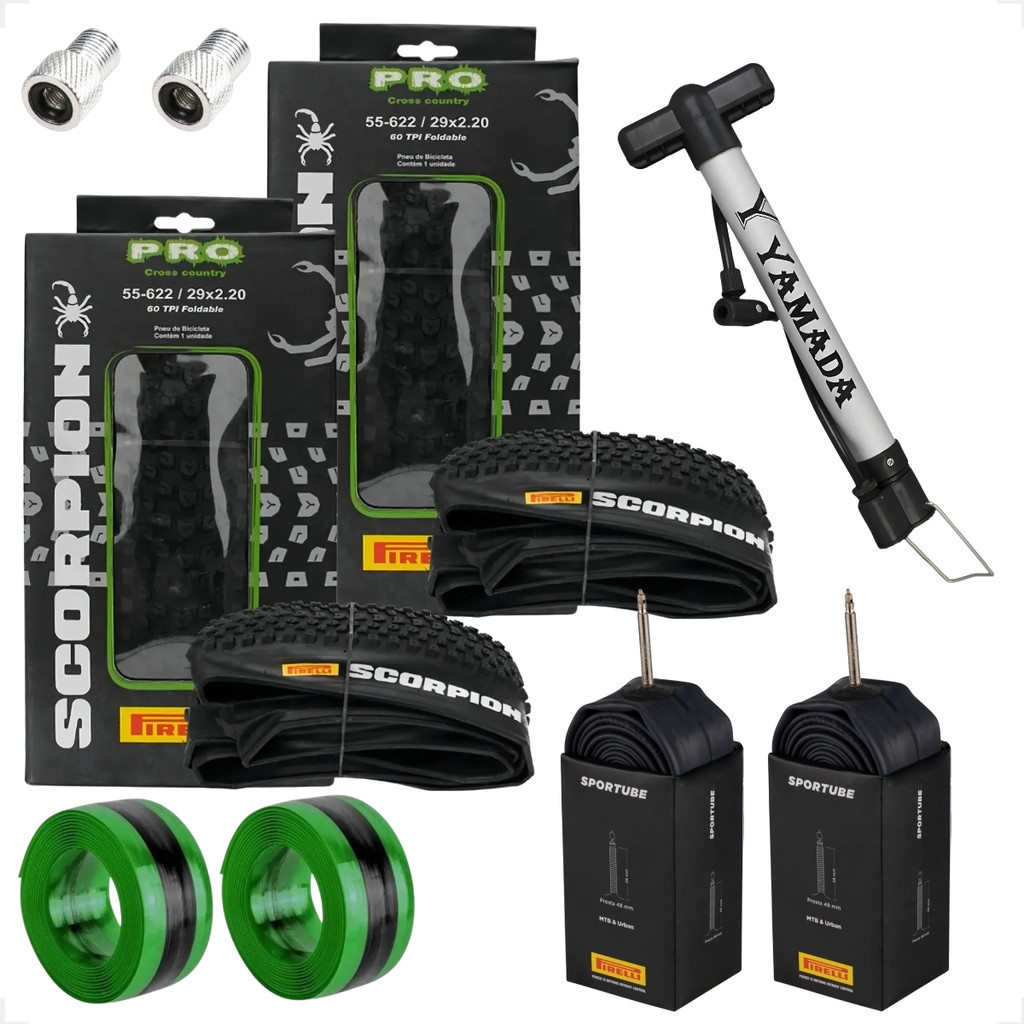 PAR Pneu Pirelli Scorpion aro 29 x 2.20 PAR Camara sportube Adaptador Valvula Fita anti furo Bomba