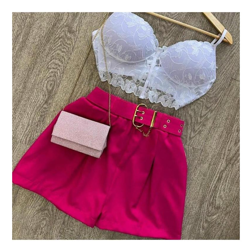 Conjunto Cropped Renda Short Alfaiataria Cinto Variados Plus Size MODA FEMININA