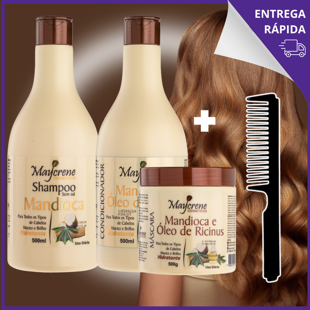 Kit Crescimento Capilar Mandioca Maycrene 500ml + Pente Shampoo Condicionador e Máscara