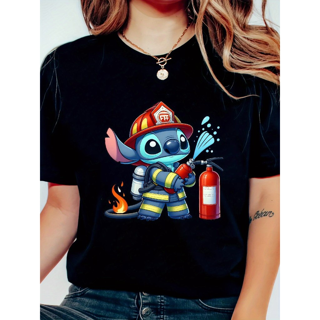 BR.Moonlight Camiseta Feminina Stitch Bombeiro Capacete Vermelho Extintor Incêndio Estampada Confortável Divertida