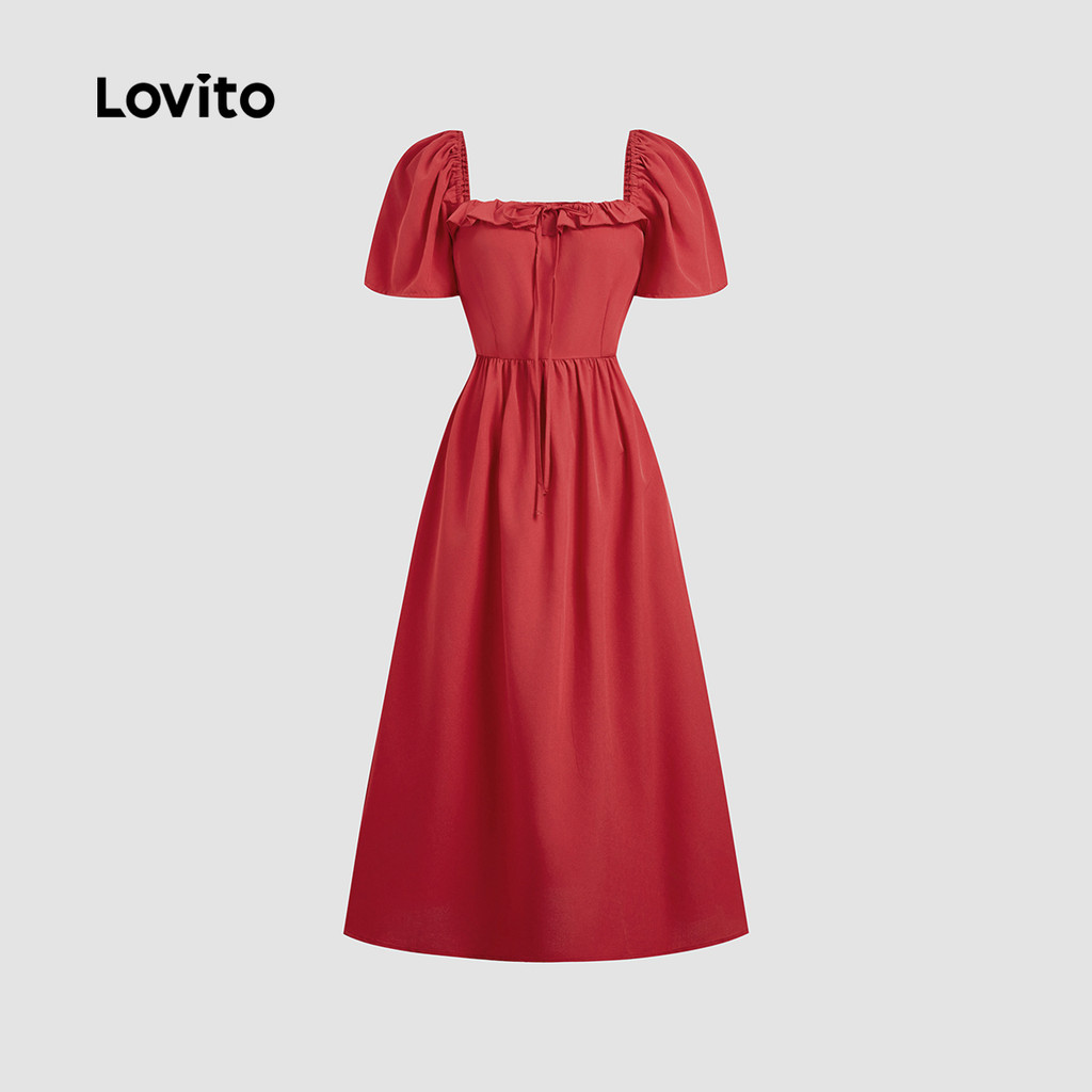 Detalhes do Lovito Vestido Sofisticado para Ano Novo e Natal com Babados e Amarração Vermelho Verão/Primavera Feminino LBL30266