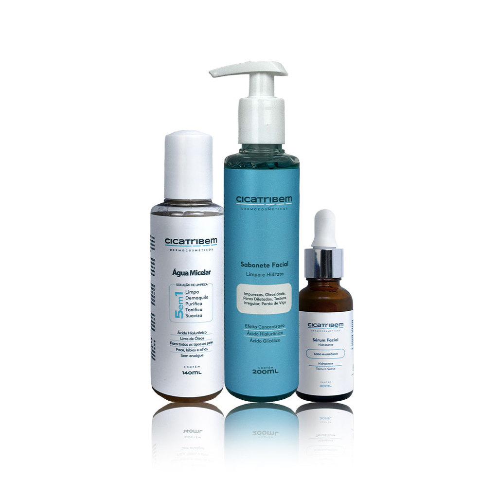 Kit Skincare Cicatribem — Água Micelar + Sabonete Facial + Sérum Hialurônico | Rotina completa
