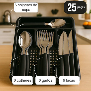 Jogo de 24 Talheres Inox Com Brinde Suporte Gaveteiro ou Pote Talher Colher Garfo Premium