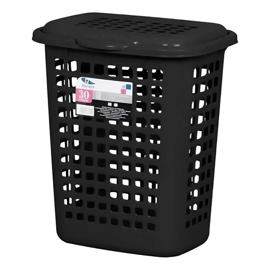 Cesto Preto Para Roupas Lavanderia Com Tampa 30l Multiuso