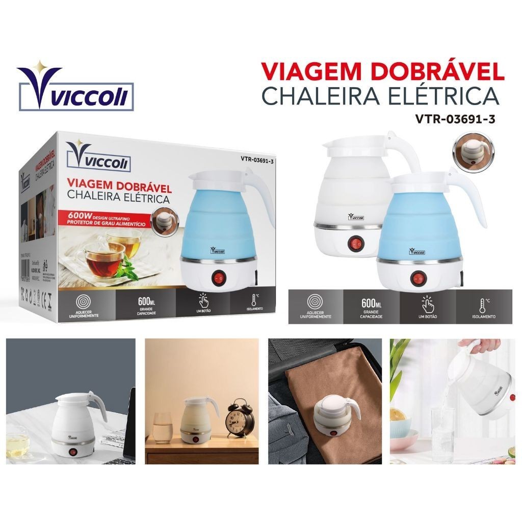 Chaleira Eletrica Retrátil de Silicone 600ml Esquentar Café Chá Leite 110V / 220V