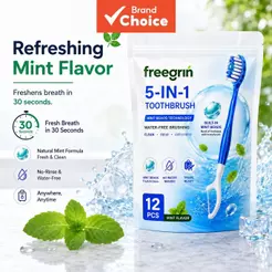 Kit de Escova de Dente Portátil sem Água Freegrin com Fio Dental & Raspador de Língua, Menta Explosiva, Bead Tech, 12