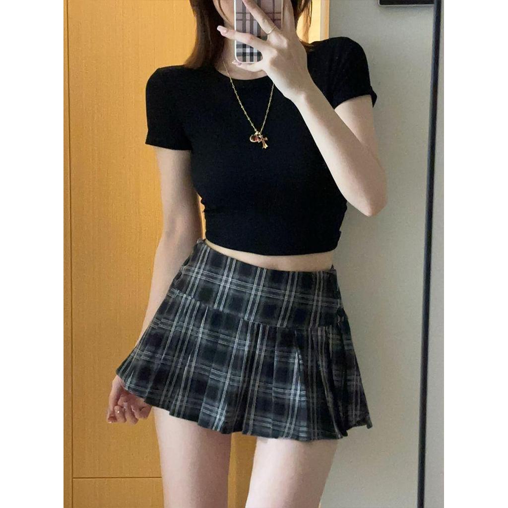 Americano Retro xadrez saia feminina pequena saia xadrez quente menina cintura alta saia plissada Mini curta a linh
