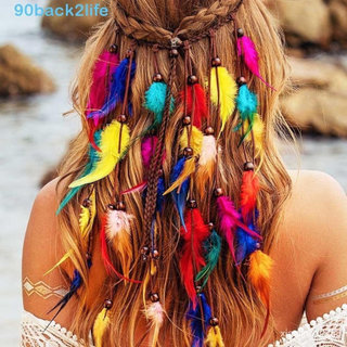 Tiara de Penas, Acessório de Cabeça Ajustável Estilo Boho com Franjas, Contas Étnicas Arco-Íris Indianas