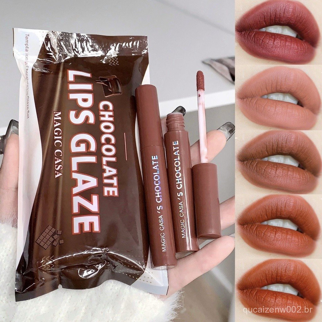 Conjunto de Brilho Labial de Chocolate de 5 Peças: Batom Matte, Longa Duração, À Prova d'Água, Não Ressecante