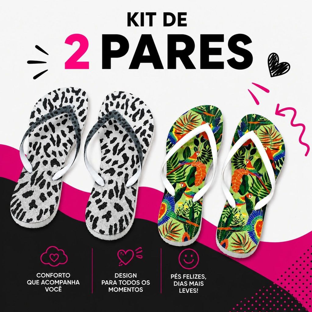 Kit 2 Chinelos Feminino Variados Estampados Confortáveis Estilosos Antiderrapante - Envio Imediato