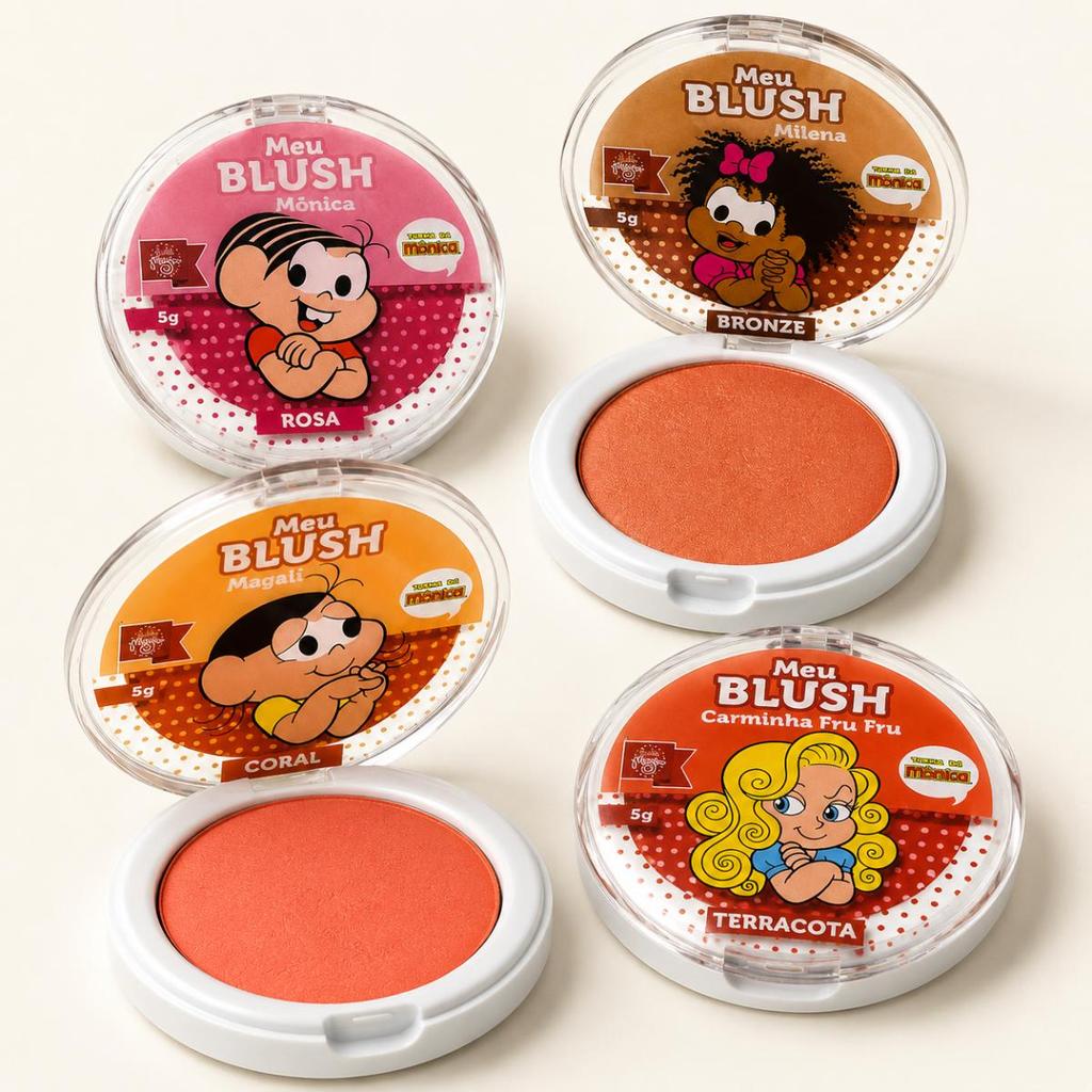 Kit Blush Turma da Mônica 4 Cores Meu Blush Mônica Milena Magali Carminha Fru Fru Infantil