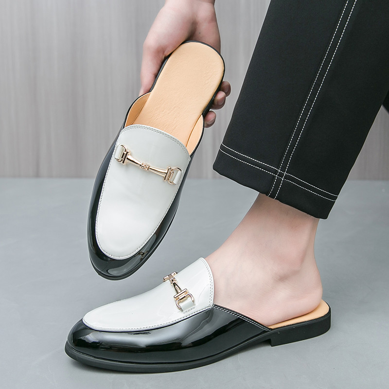 Sandálias masculinas Baotou sapatos de couro masculino de montagem sapatos masculinos não-moagem meia chinelos