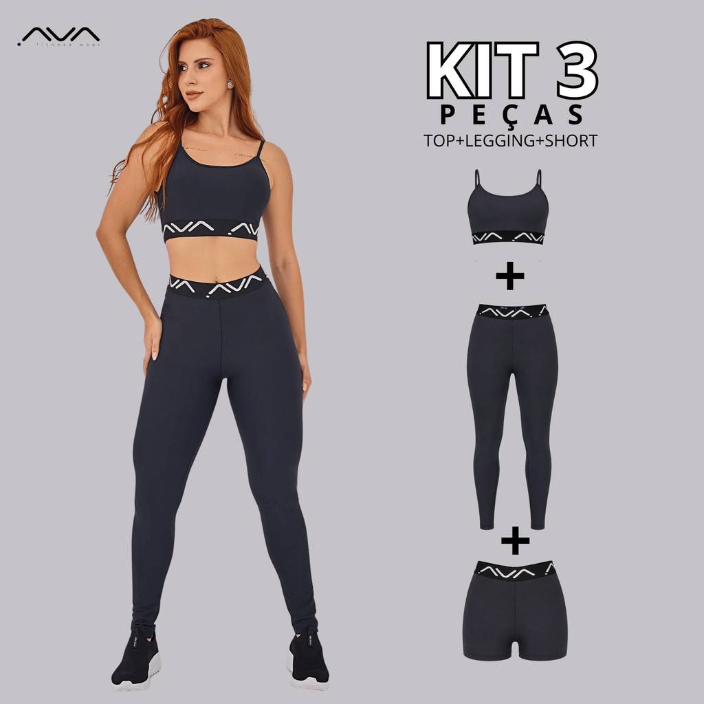 Kit 3 Peças Academia Feminino Top+Calça+Short Suplex Poliamida Com Elástico Personalizado AVA Fitness Power