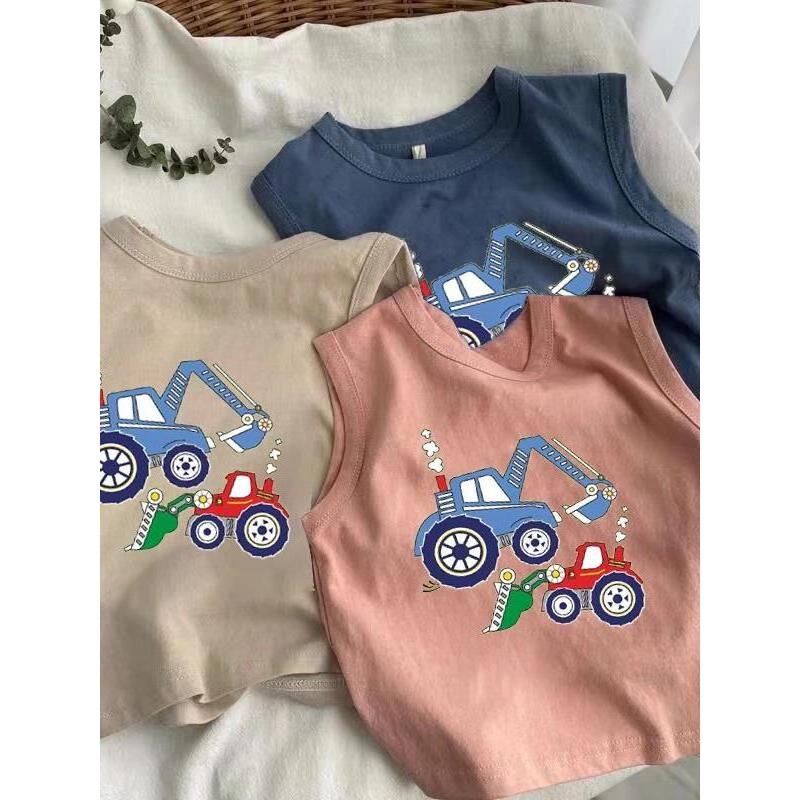 Verão puro algodão meninos meninas bebê sem mangas camisetas crianças dos desenhos animados escavadeira topos médio pequ