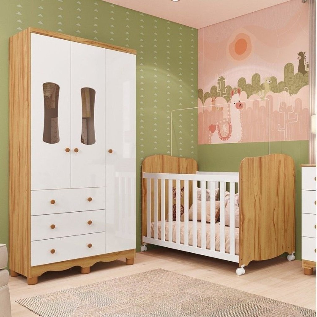 Quarto de Bebê Guarda-Roupa 3 Portas e Berço 100% MDF Lana Espresso Móveis Branco Brilho/Amêndoa Branco