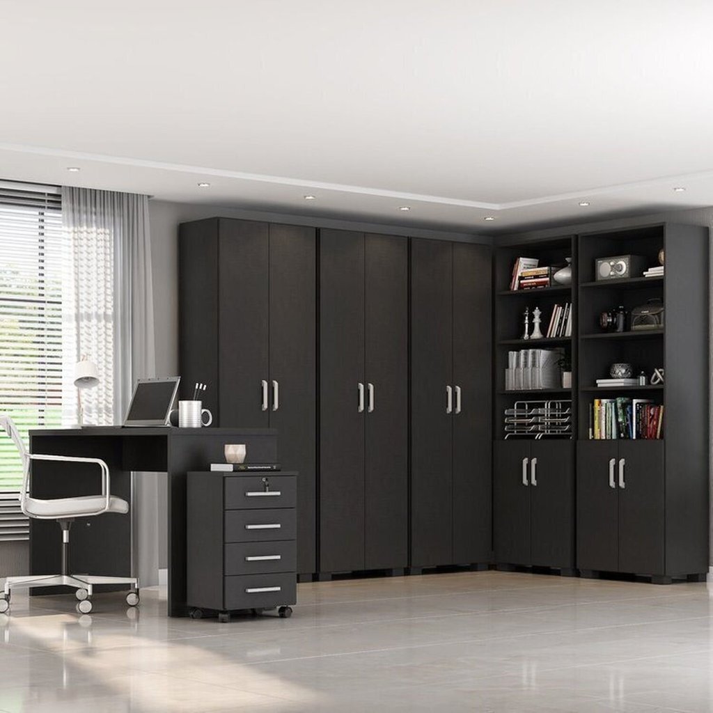Conjunto para Escritório 7 Peças com Escrivaninha Gávea 1 Gaveteiro 4 Gavetas e 5 Armários Espresso Móveis Preto