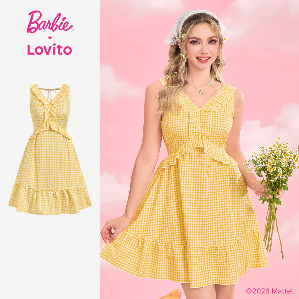 Barbie™ X Lovito Casual Vestido Babados Amarelo Primavera/verão para Mulheres DRBL4PAD019