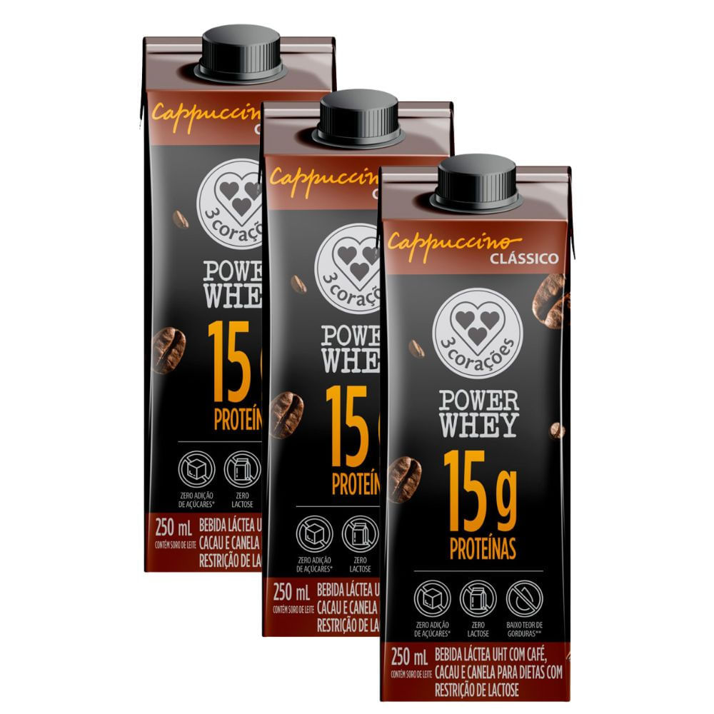 Kit 3 Bebida Lactea 3 Coracões Power Whey com 15g de Proteína Cappuccino Clássico 250ml