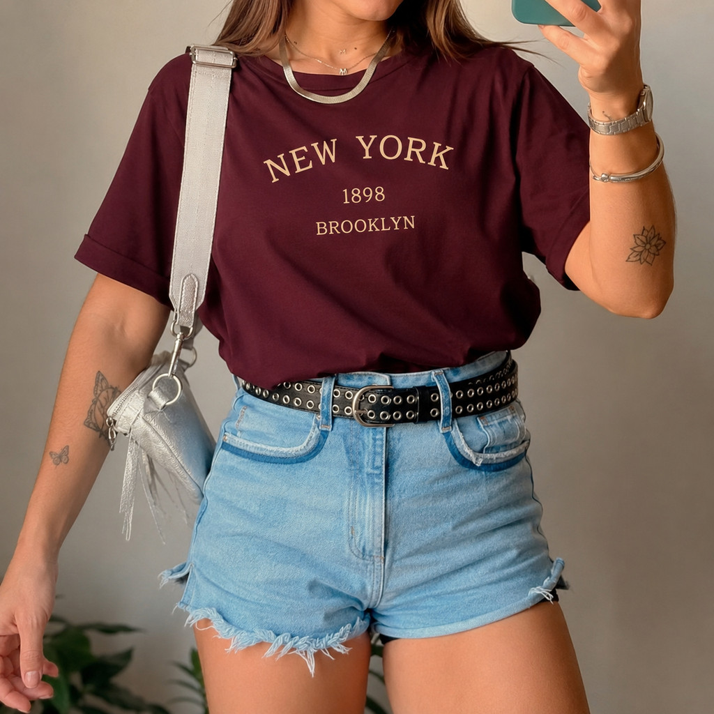 Camiseta Feminina 100%Algodão fio 30.1 estampa NY Brooklyn Blusa com tecido Leve Macio e Confortável Malha Premium.