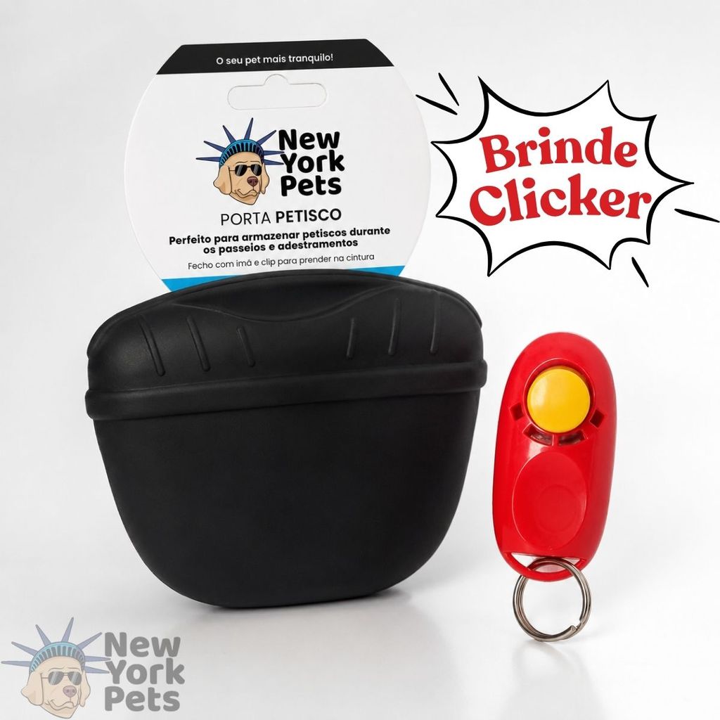 Porta Petisco de Silicone Preto E Clicker Vermelho Para Adestramento Cães